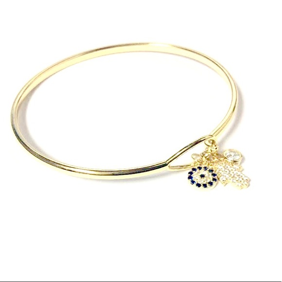 925 STERLING SILVER Hamsa-Eye-CZs Charms Bangle - Picture 5 of 8